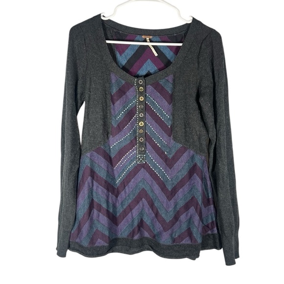 Free People Chevron Stripes Gray w/Purple Long Sleeve Top Small - Picture 1 of 7